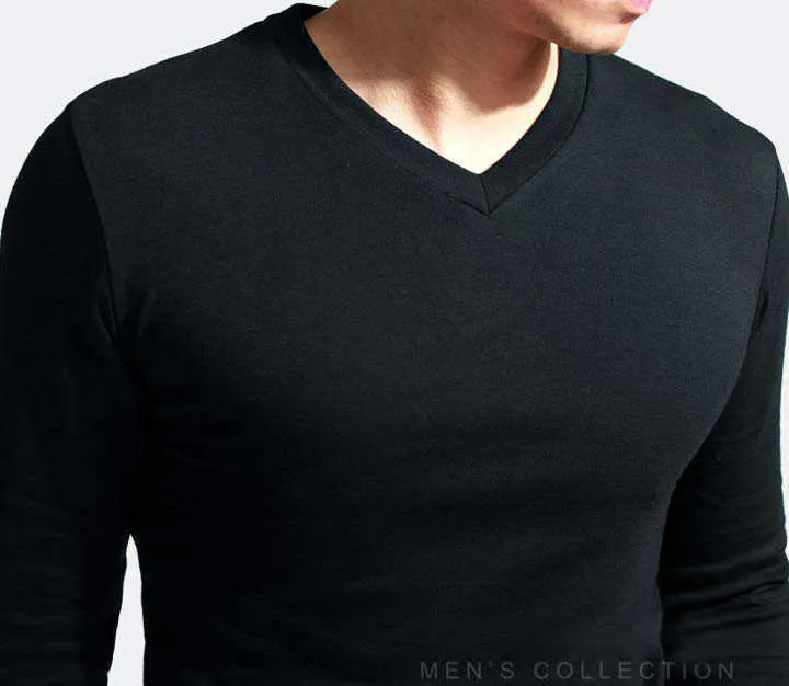 2021 Elastic Mens T-Shirt V-Neck Long Sleeve Men T Shirt For Male Lycra And Cotton T-Shirts Man Clothing TShirt Brand Tees Y0809