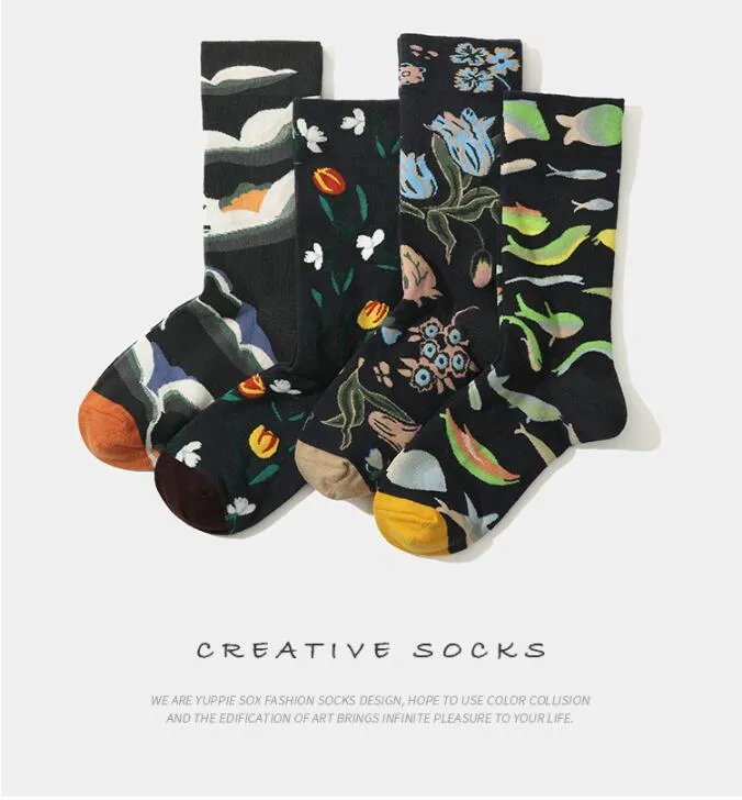 Yuppie hip hop socks European American French cotton fashion leisure Street middle tube jacquard pattern black fish steel cloud celery flower tulip knee stockings