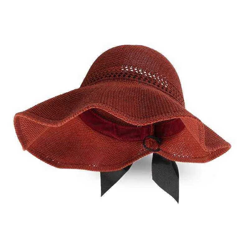 2021 été bowknot solide à la main chapeau de paille pliable chapeau de soleil en plein air voyage chapeau pour fille et femmes 06 G220311