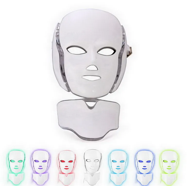 Coreano conduziu a máscara facial fotodinâmica PDT LED e máscara de pescoço com rejuvenescimento de pele microcorrente Levou máscaras fotodinâmicas 7 cores luzes