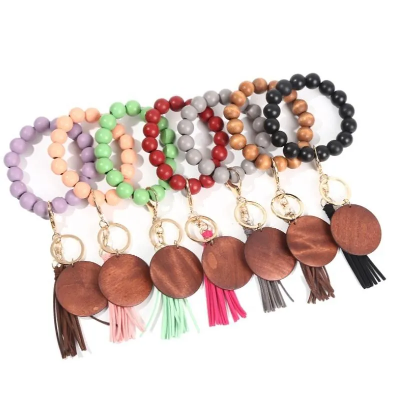 2022 new 11 colors Wooden Bracelet Keychain with Tassels Keys DIY Wood Fiber Pandent Woodwooden Bead Bangle Key Decorate