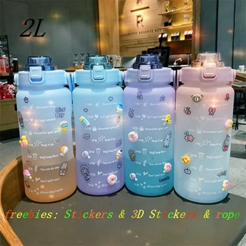 2L Large Capacity Water Bottle Outdoor Tour Climbing Hiking Self-Driving sport with Stickerstime Marker Fitness Jug 211122