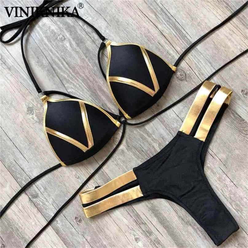 Maillot de bain noir Bandage Sexy Bikini Brésilien Push Up Maillots de bain Femmes Micro Bikinis Plus Taille Beachwear Brillant Or 210702