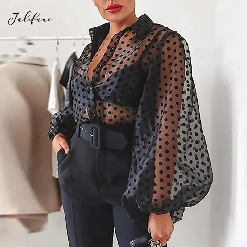 Primavera Elegante Polka Dot Casual Blusa Casual Donne Manica Buff Colletto Abbastanza Vedere attraverso i pulsanti sciolti Camicia Vintage Top Mujer 210415