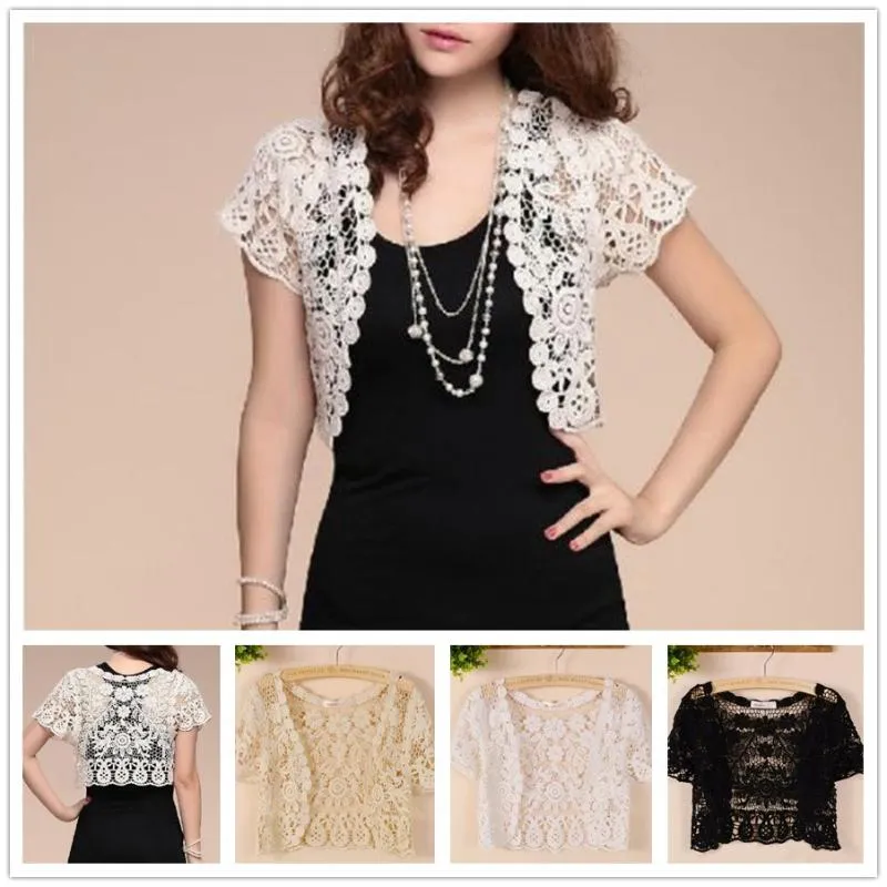 Wraps & Jackets White Black Apricot Women Short Sleeve Shrug Bolero Lace Wedding Bridal Summer Jacket Elegant Cape