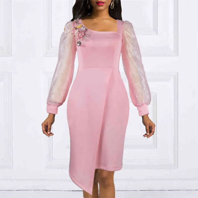Dames Roze Party Jurk Bodycon Applicaties Bloem See Through Mesh Patchwork Sleeves Sexy Vier Gebeurtenis Datum Out Occlaint Robes 210416