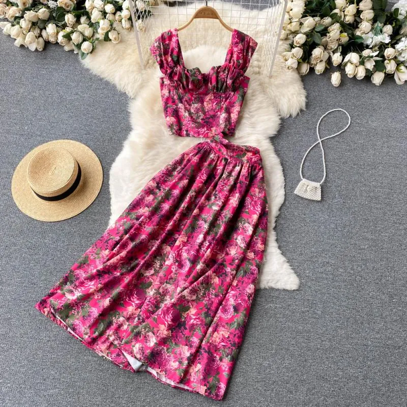 Summer Bohemian Women Floral Dwuczęściowy sukienka Seksowna kwadratowa kołnierz Krótkie topy + A-line midi spódnica żeńska wakacyjna plażowa garnitur Nowy 2022