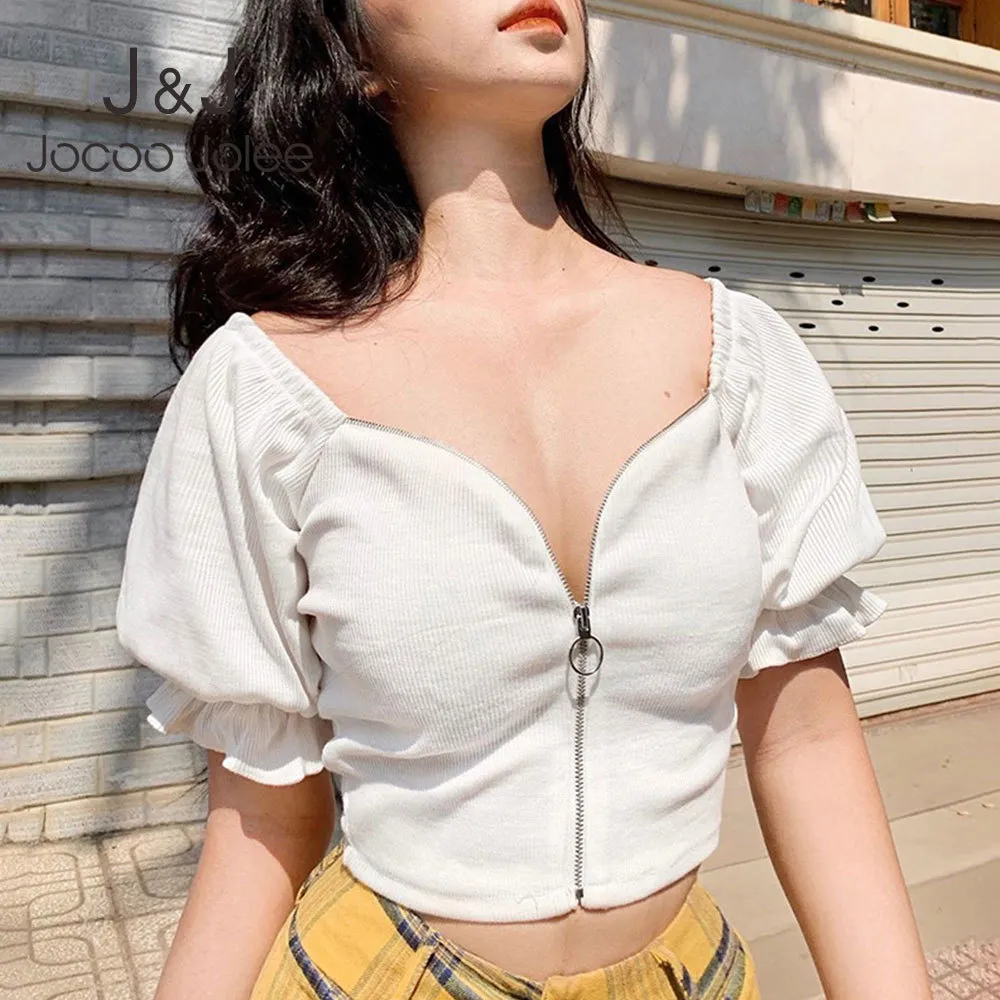 Jocoo Jolee T-shirt sexy Slim Cropped Top Donna Elegante manica corta svasata con scollo a V Cerniera Camicetta Casual Solido Tunica Abbigliamento 210518