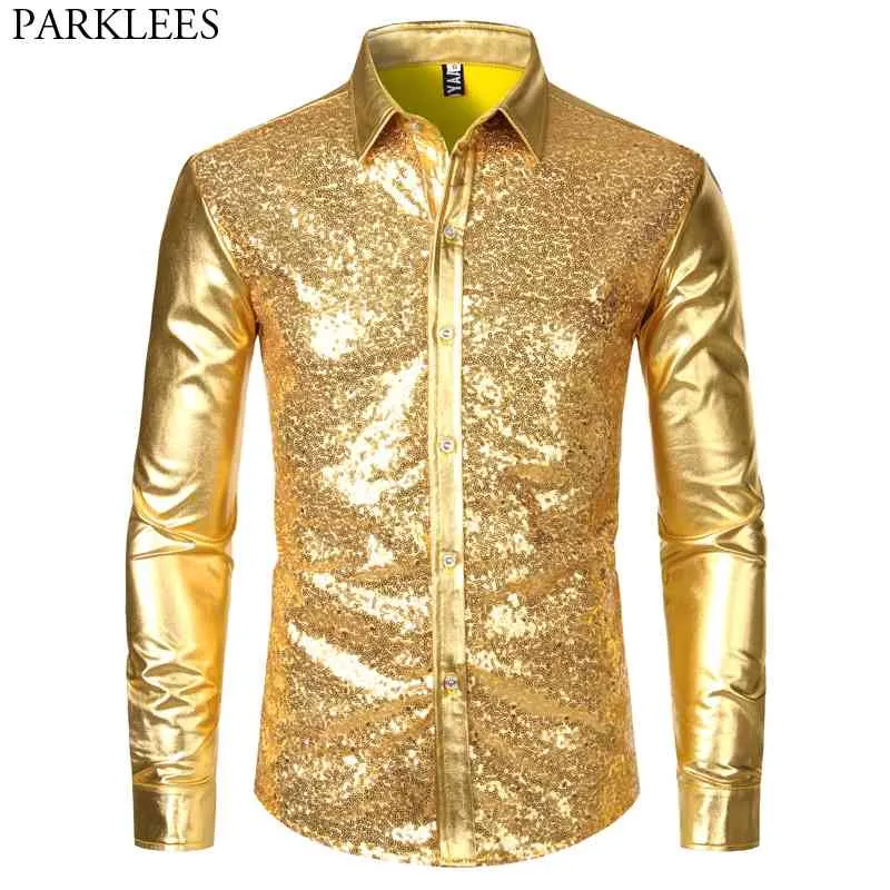 Männer Disco Shiny Gold Pailletten Metallic Design Kleid Hemd Langarm Button Down Weihnachten Halloween Bday Party Bühne Kostüm 210721