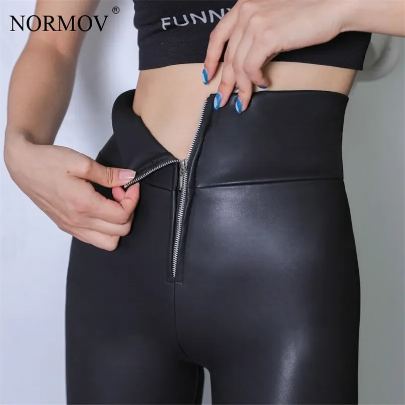 Normov vinter svart läder leggings kvinnor hög midja push up casual plus sammet elasticitet smal varm femme 211215