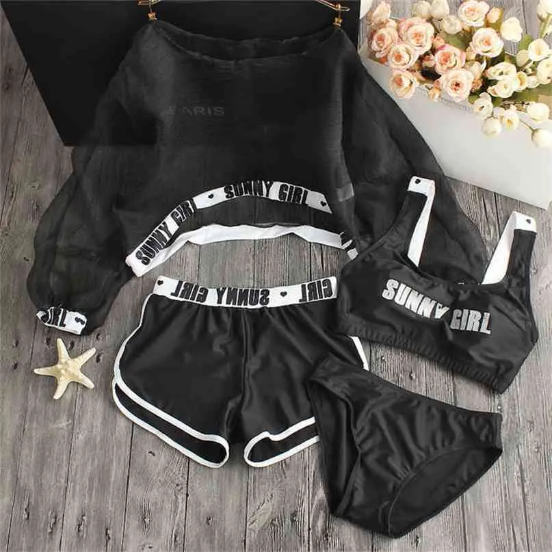 Ladies Letter Print Swimwear Sexy Slim Cute Girls Four Pieces Bikinis Sets Shorts Swimsuit Bathing Suit Women Biquinis 210702