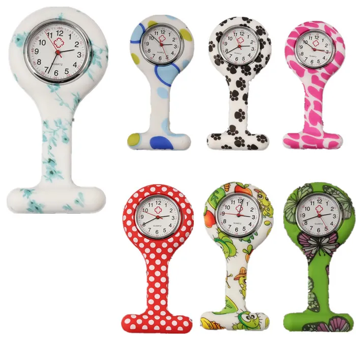 Watch de poche de mode Colorful Candy à motif en silicone infirmières Watchs Brooch Nursing Regardez les chiffres arabes Round Clip numérique sur horloge