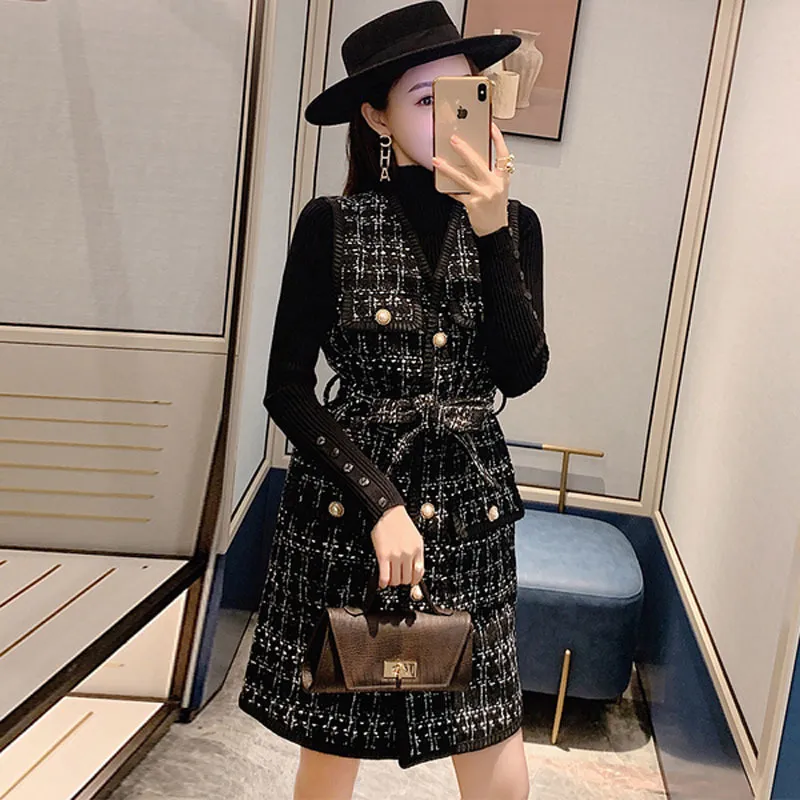 Autumn Women 2 Piece Outfits Blcak Slim Knitted Sweater + Tweed Singe Breasted Plaid Vest Woolen Belt Dress Set Winter Tweed Set 210514