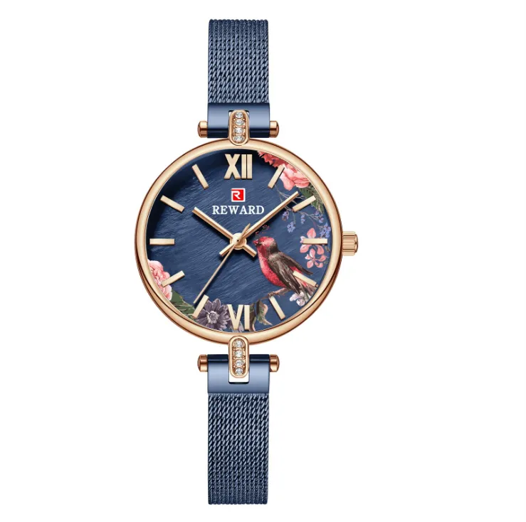 エレガントな魅力的な報酬クォーツレディースは、新鮮なまぶしい時計花と鳥ダイヤルレディースインススタイルミネラルガラス腕時計