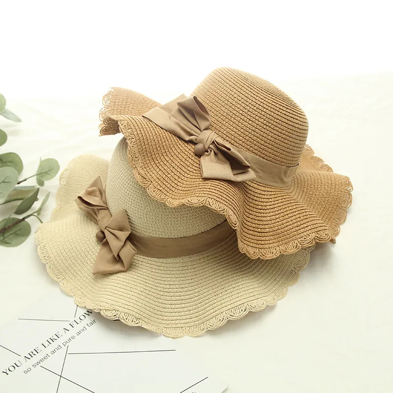 Fashion Women Bowknot Straw Hat Summer Beach Sun Protection Caps Outdoor Travel Casual Cap Lace Ruffled Wide Brim Hats