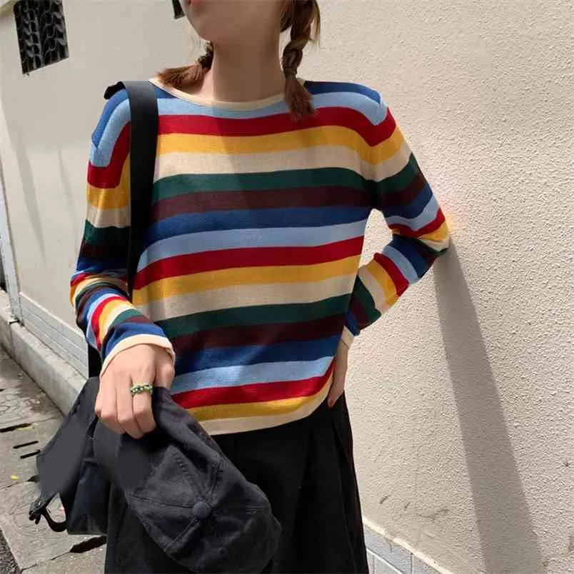 Wiosna Jesień Damskie Topy Koreańskie Paski Rainbow Krótkie Koszulki Z Długim Rękawem Okrągły Neck Wild Casual Sweter Top LL732 210506