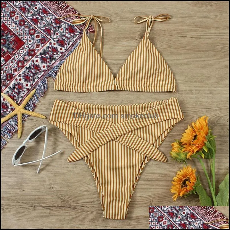 PLAVKY Sexy High Waist Belt Bikini Set 2021 Yellow Stripe Swimsuit Tie Front Women Swimwear Female Beach Wear Swim Bathing Suit 1123