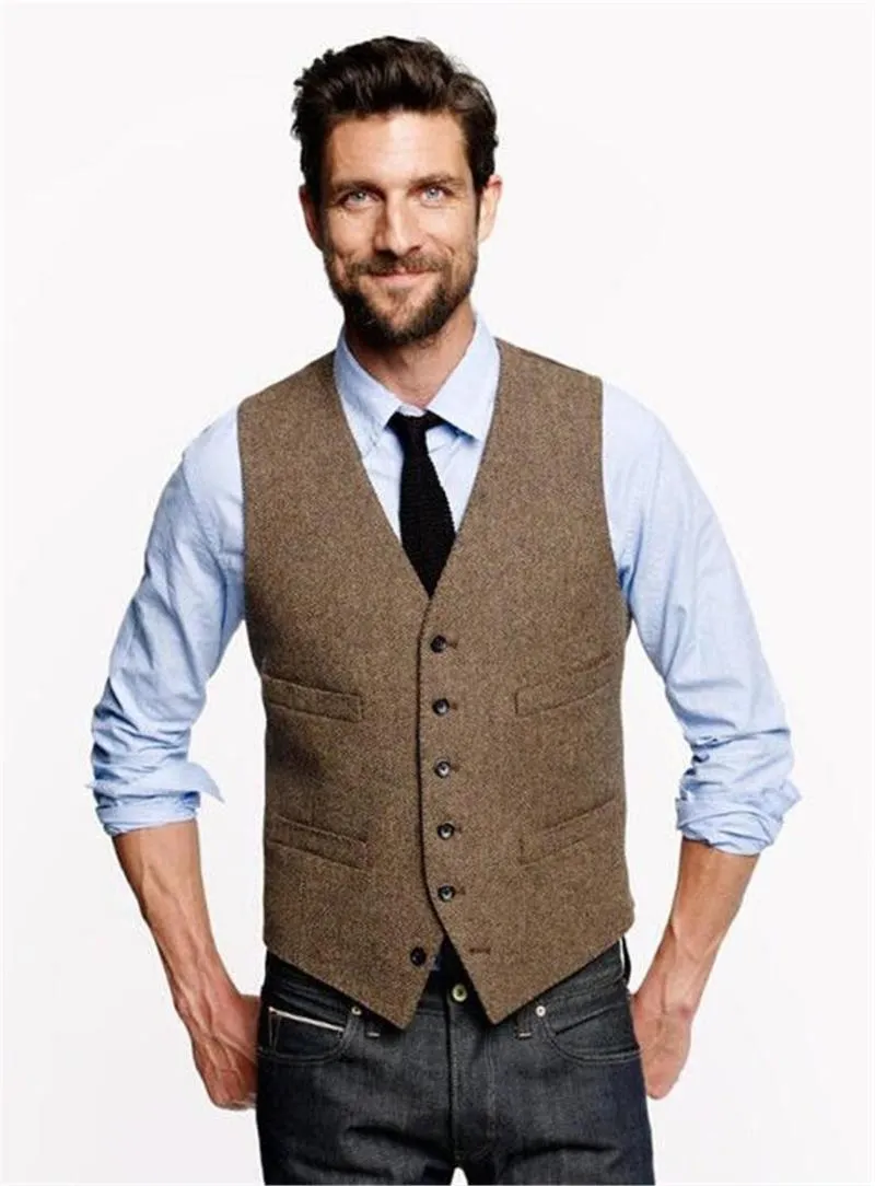 Men's Vests 2021 Brown Wool Herringbone Groom Vest Formal Groom's Wear Suit For Wedding Waistcoat Plus Size