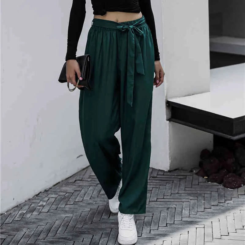 Streetwear pleine longueur pantalon ample femmes automne femmes décontracté vert slim fit large jambe pantalon taille femmes pantalon 210514