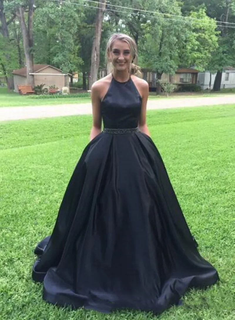 Halter Sexy Black A Line Evening Dress Beading Floor Length Satin Lace-up Prom Gowns Party Dresses With Beaded Sash.