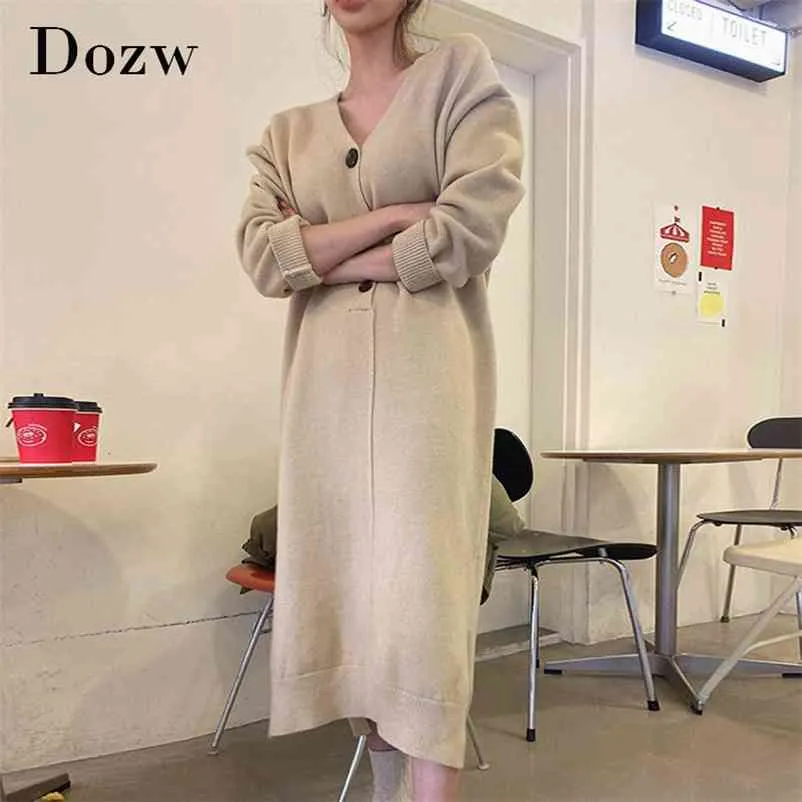 Korean Chic V Neck Knitted Dress Women Loose Casual Long Sleeve Sweater ses Elegant Vestidos 210515