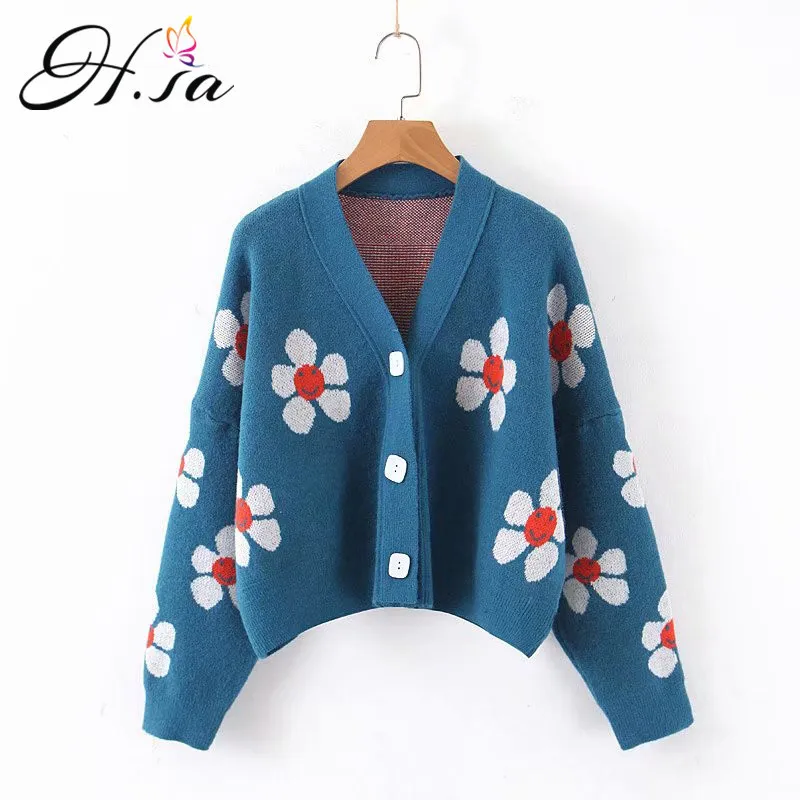 H.SA Kvinnor Cardigans Vinter Beskuren Floral Ugly Button Sweaters V Neck Korta Harajuku Sweater Coat Chic Sticka Top 210417