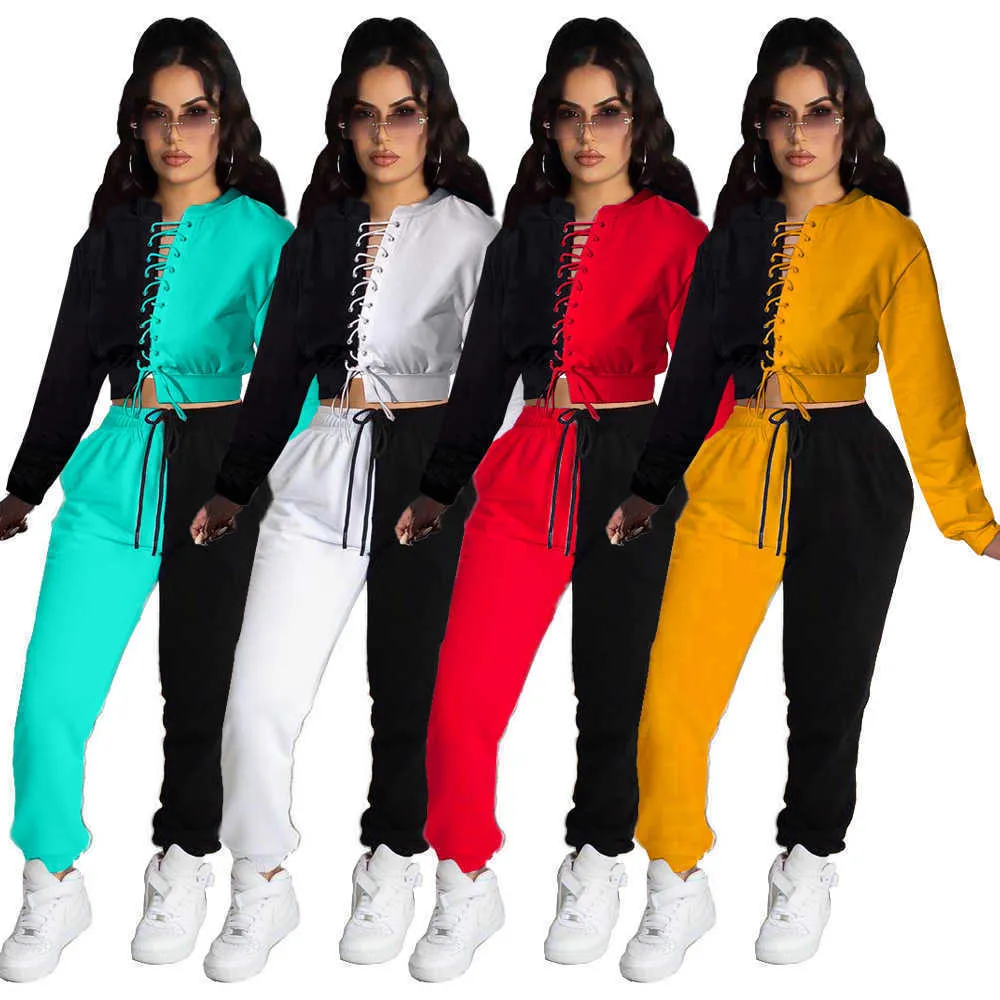 Designers Mulheres Esportes Tracksuits Roupas 2021 Outono Cor Correspondência Calos Bandagem Conjunto de Duas Peças Jogging Ternos