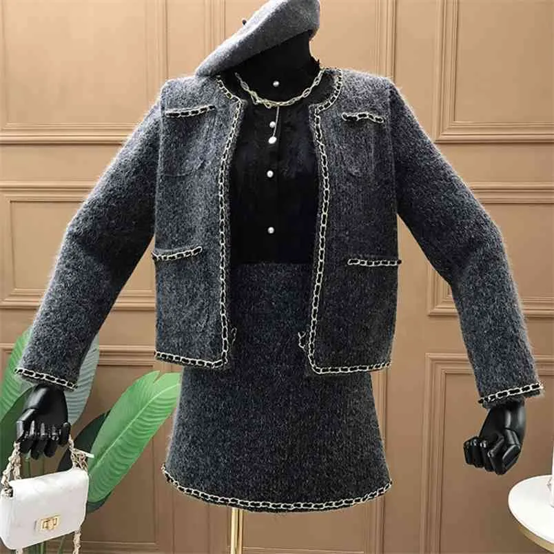 Autunno Inverno Tweed Set da due pezzi Donna Giacca corta Cappotto + Minigonna Lana Chic Jacquard Office Lady Abiti Abiti 210514