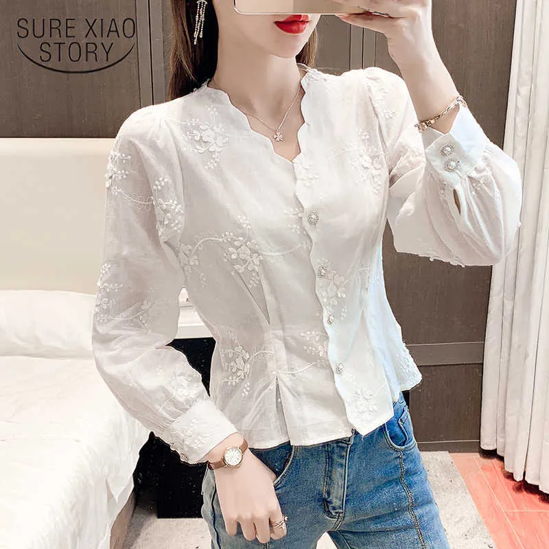 Été stéréoscopique brodé blanc pur coton Blouse Floral à manches longues chemise pour femme mode chemise pour femme 13875 210528