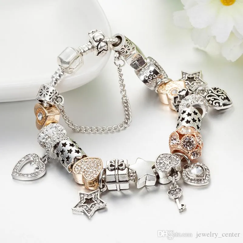 Wysokiej jakości 925 Srebrne uroki w kształcie serca i kluczowa bransoletka wisiorka na pandora urok bransoletki biżuteria prezentowa