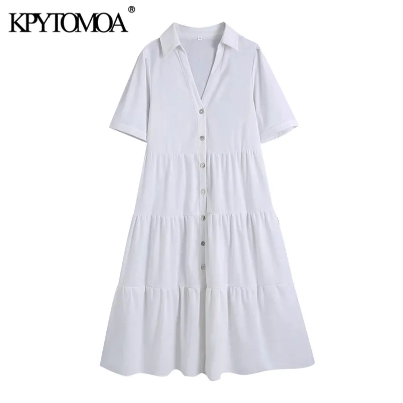 Moda elegante de las mujeres con paneles Vestido de Midi Blanco Botón de manga corta Vestidos femeninos Vestidos Mujer 210420