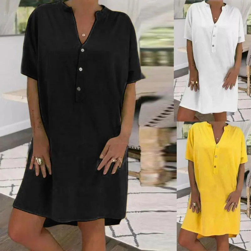 Solid Color Loose Basic Dress Women Button Short Sleeve Ladies Cotton And Casual Vestidos De Verano Women's Swimwear