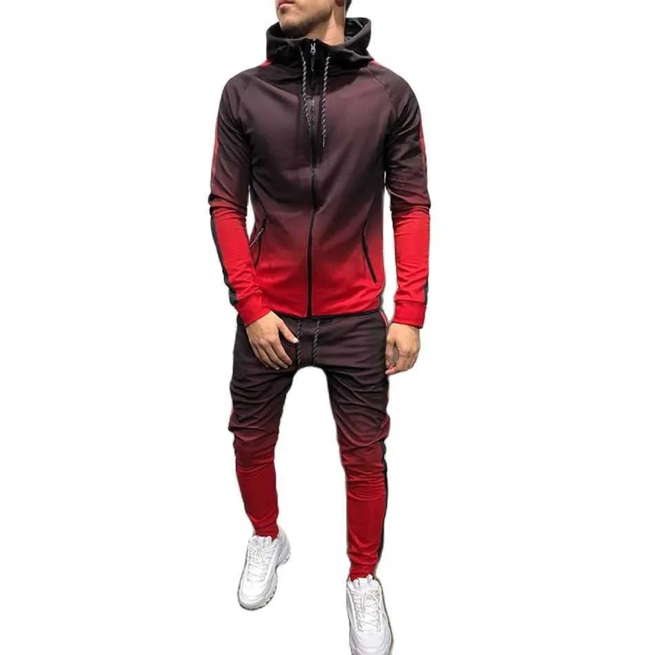2021 Spring Men Slim Fit Tracksuit Sports Zipper Hoodie + Pant 2 st Set 3D Gradient Färg Sweatsit Running / Basket / Fitness x0610