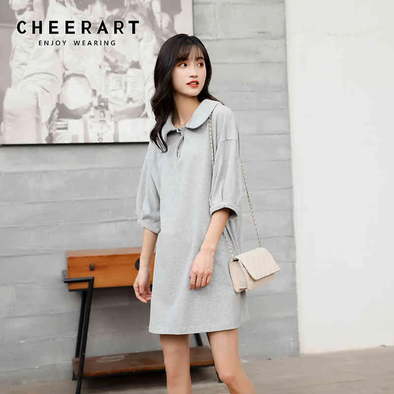 Peter Pan Collar Causal Dress Coreano Delle Donne Grigio Manica Corta Casual Summer Summer Mini Polo Abbigliamento 210427