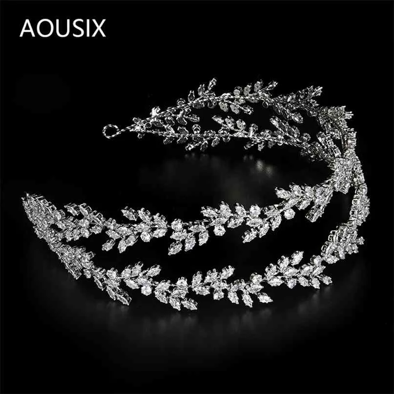 Bandeaux Double couche Feuilles Zirconia Tiara Argent Couleur Bandeau Royal Mariée Mariage Couronne Accessoire Bijoux 210707