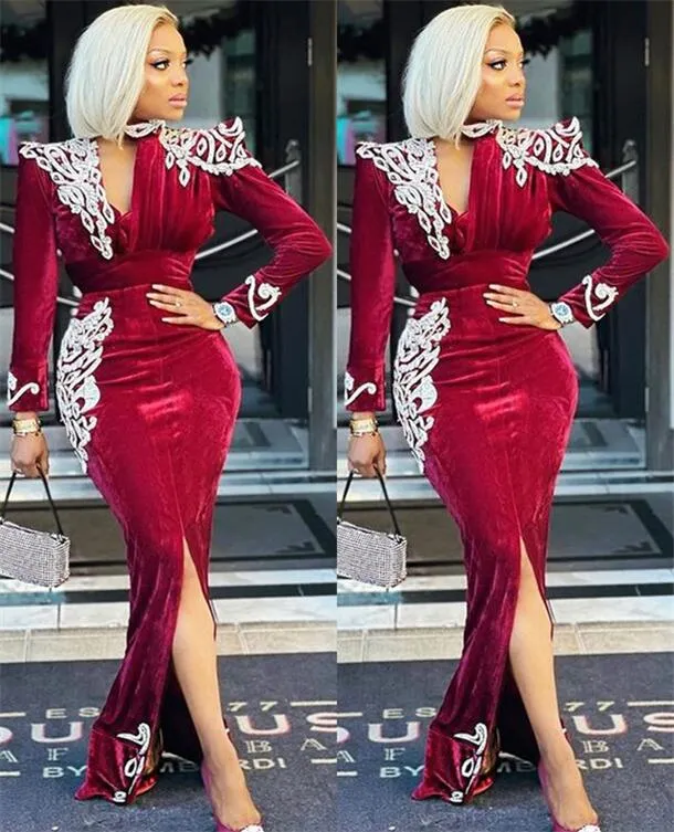 2022 Plus Size Arabic Aso Ebi Burgundy Sexy Sheath Prom Dresses Lace Long Sleeves Velvet Evening Formal Party Second Reception Bridesmaid Gowns Dress ZJ550
