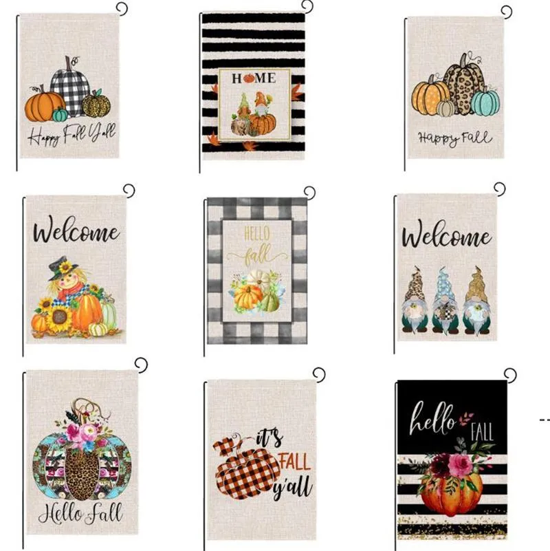 Happy Fall Banners Thanksgiving Double Sides Garden Flags 47 * 35cm Pumpkin Turkey Linen Flag Multistyle Home Decor RRD11506