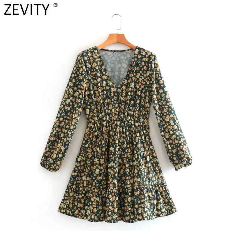 ZEVITY Kadınlar Tatlı V Boyun Ülke Tarzı Çiçek Baskı Bir Çizgi Elbise Femme Uzun Kollu Pleats Mini Vestido Chic Bezi DS4696 210603