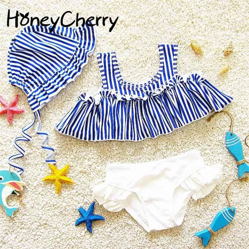 Versione coreana del costume da bagno The Spring Navy Wind Girl Stripe Split Triangle Baby Sweetness Cute Student Swimsuit 210701