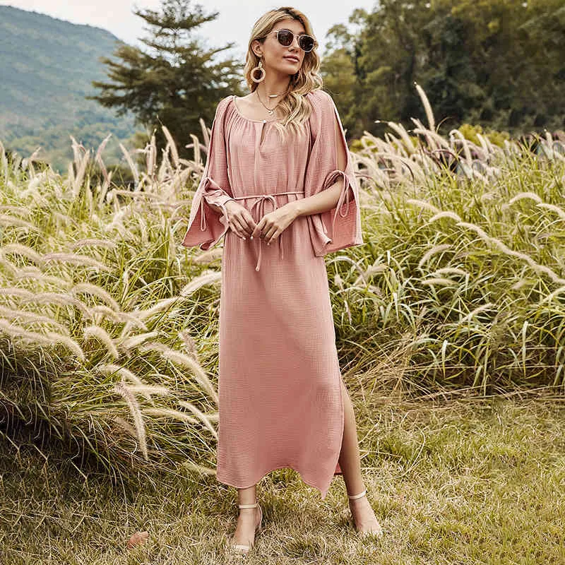 Abito estivo da donna in lino di cotone bohémien e abito lungo da resort per il tempo libero diviso Abito maxi vintage abbigliamento donna abiti 210514