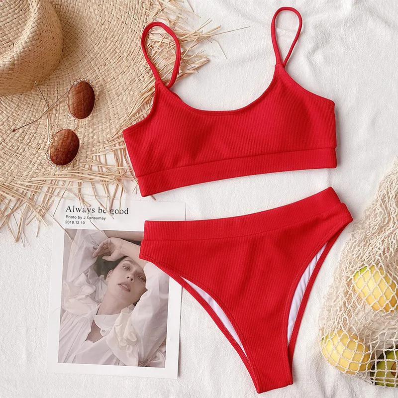 Ribbing Two-piece Suits Red 2023 Sexy Bikini Set High Waist Pleated Wavy Solid Neon Swimsuit Women Bandage BeachWear Monokini Swimwear Push Up Bathing Suit Biquinis