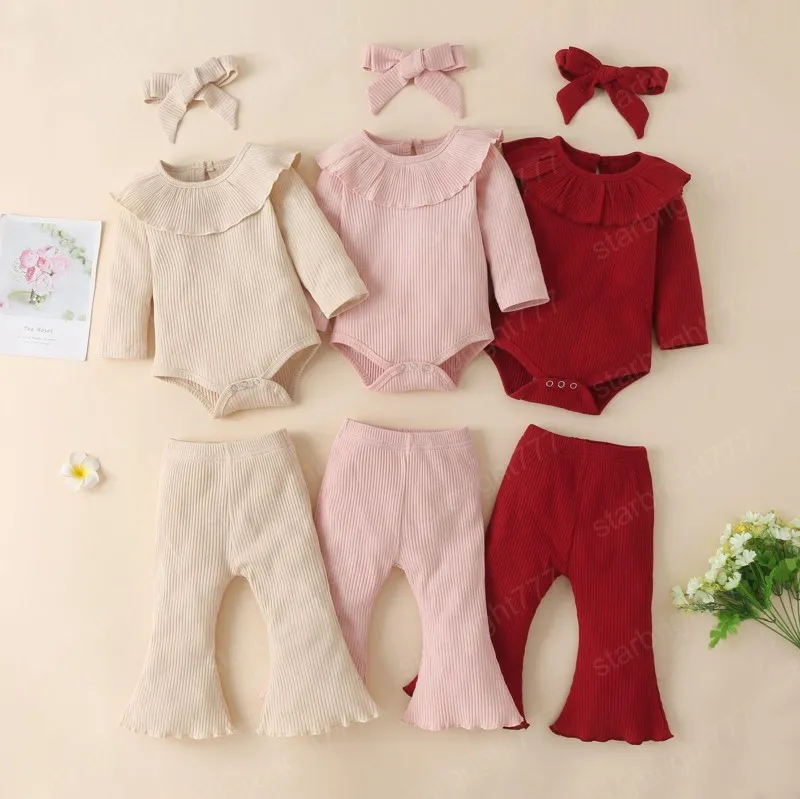 Ins Simple Girl Odzież Zestaw Z Długim Rękawem Solid Color Ruffles Romper + Flare Spodnie + Pałąk Jesień Soft Kids Ubrania 3 sztuki Zestawy 0-24 miesięcy 100% bawełna