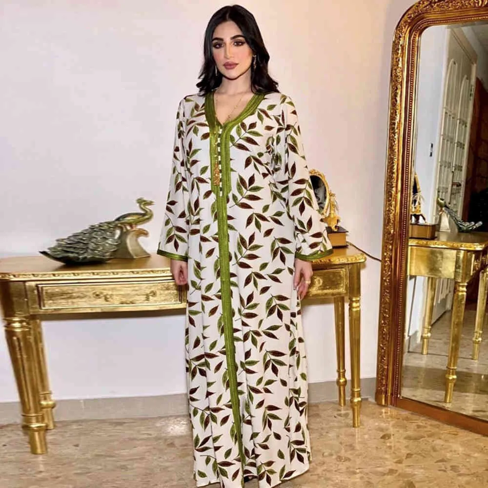 Siskakia Middle East Women Long Dress Ribbon V Neck Full Sleeve Leaves Print Maxi Dresses Turkey Arabic Dubai Muslim Clothing X0521