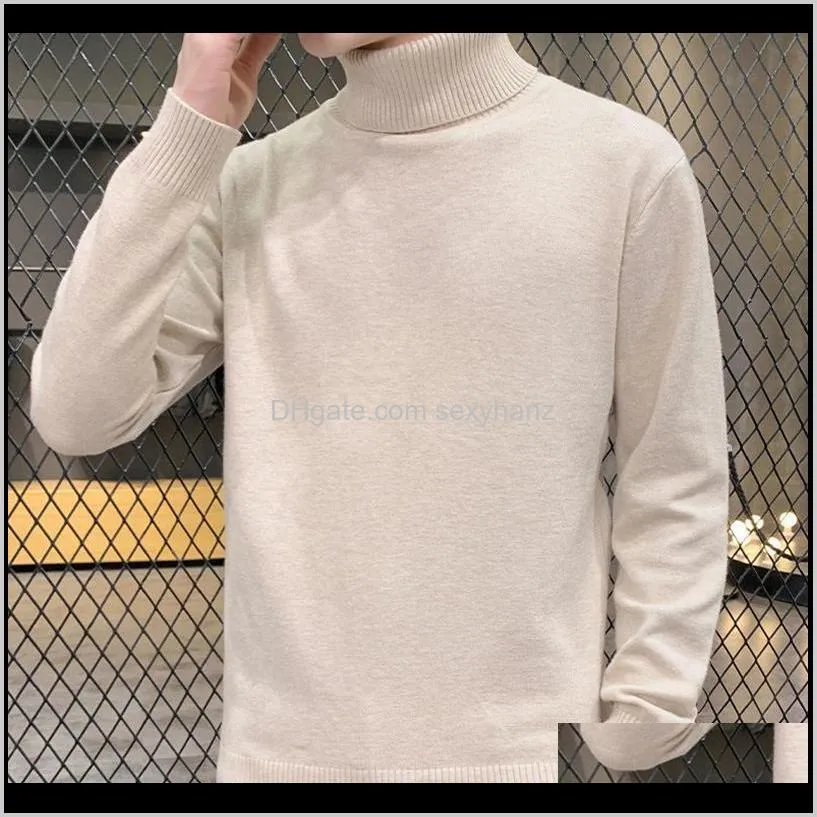2020 fashion pure color knitted men`s sweater casual men`s double neck slim fit pullover fall warm turtleneck sweater men