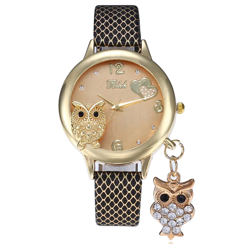 Mode belle hibou pendentif serpentine cuir montres en gros femmes dames femme robe décontracté loisirs amour coeur montres horloge