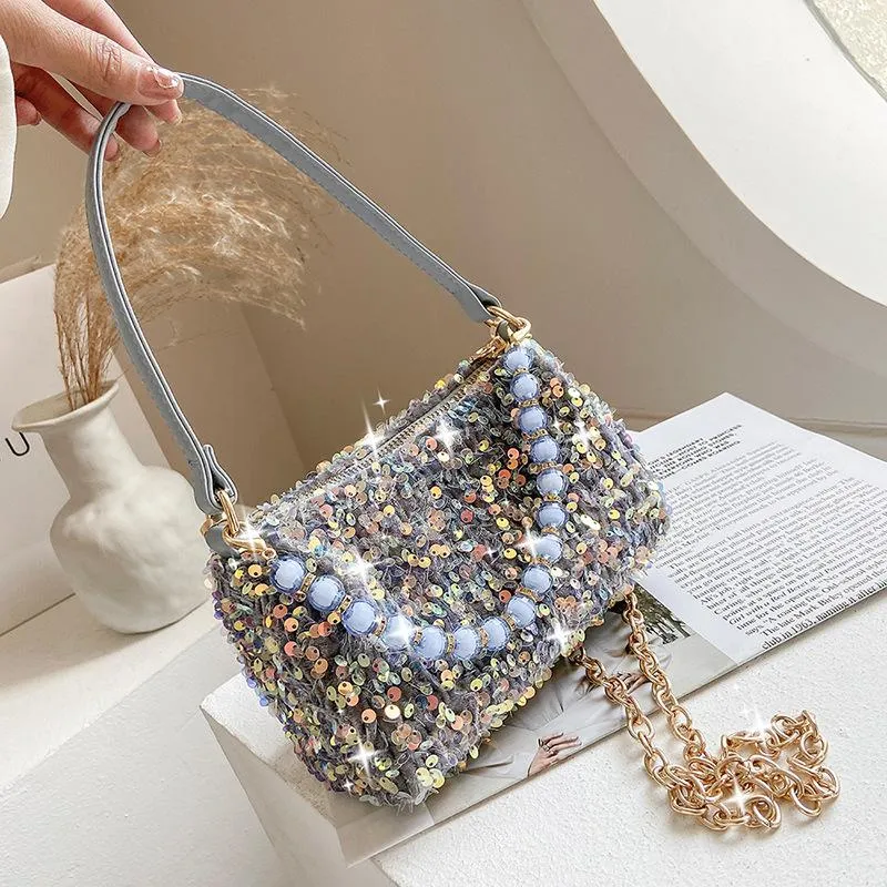 Borse a tracolla Borsa da donna in pelle PU di marca Designer Borsa a tracolla con paillettes di perle di moda Borsa a tracolla quadrata piccola da donna