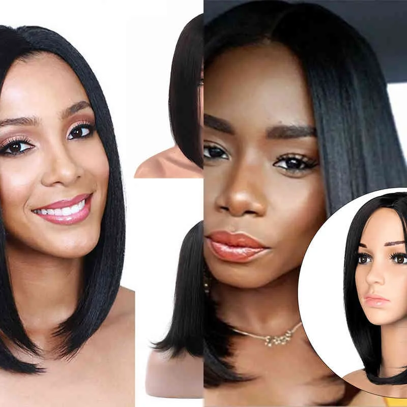 Hår syntetiska peruker cosplay aiyee kort rakt brasiliansk peruk syntetisk mitten del hår s fulla huvud för svarta kvinnor värmebeständiga 220225