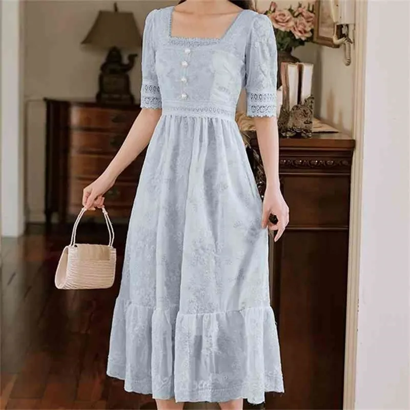 Doux doux fille une ligne robe été dentelle broderie bouton décor robes de soirée décontracté rue Boho Vestido Midi Feminino 210603