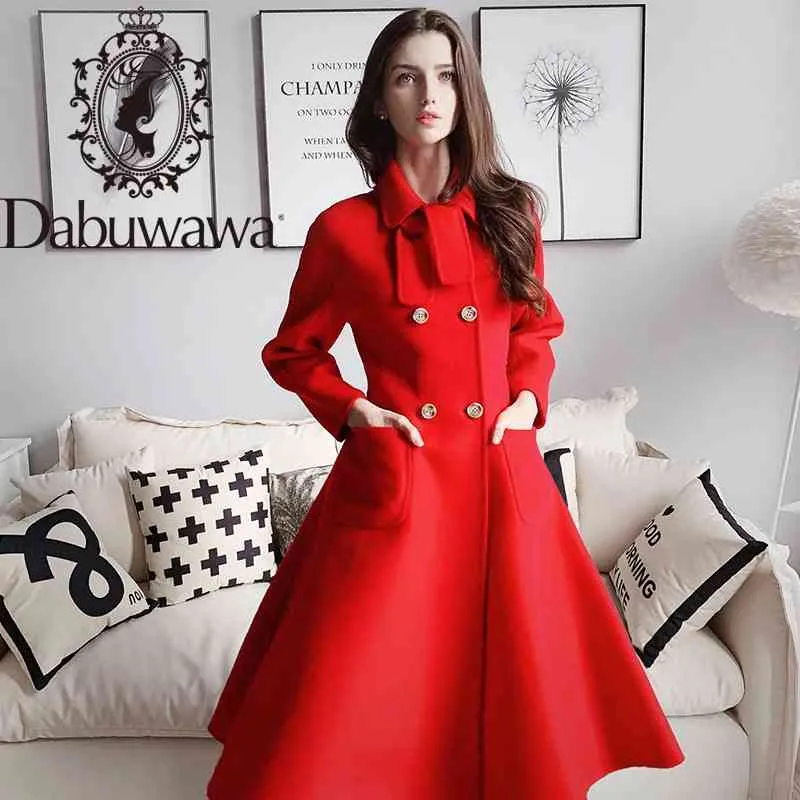 Dabuwawa Vintage Double Breasted Long Wool Coat Women Elegant Long Sleeve Solid A-Line Overcoats Topcoats Female DN1DLN003 210520