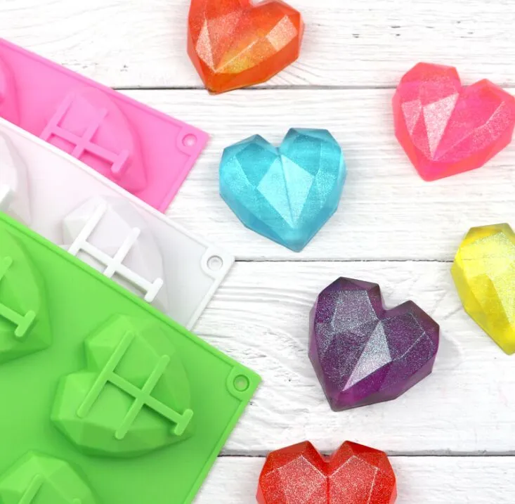 6 Cavity Diamond Love Silicone Cake Mould 3D Heart Shape Fondant Chocolate Baking Mold Modelling Decor